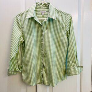 EUC Charter Club Petites 3/4 Sleeve Blouse, Green Gingham, 100% Cotton Sz 6P